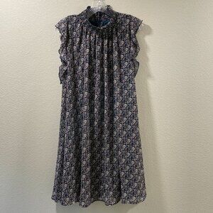 (NEW) CODE MODE Ruffled Sleeveless Smock Neck Floral Dress, Navy/Pink - L